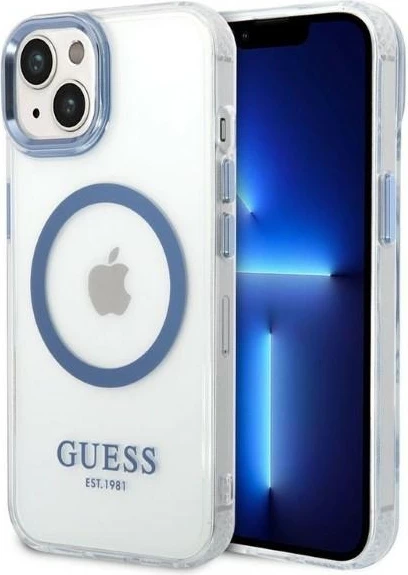 Mbështjellës Guess Metal Outline MagSafe për iPhone 14 Plus/15 Plus, Kaltër/Transparent