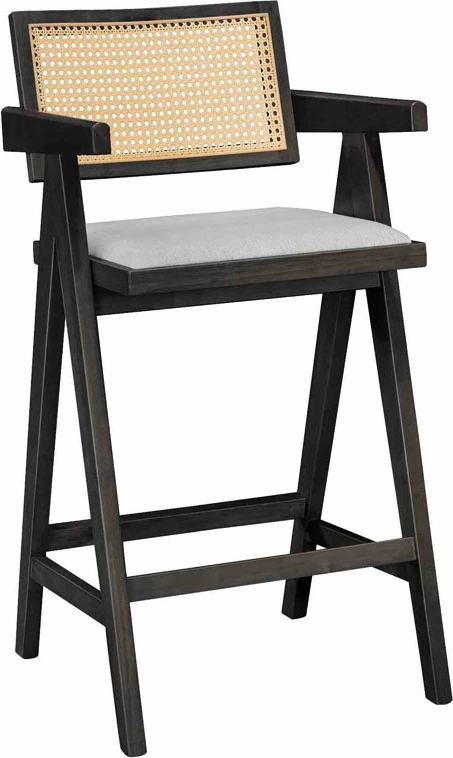 Karrige për bar me krahë Winslow, dru rubberwood, e zezë, pvc ratan natyral, stof gri, set prej 2 copë