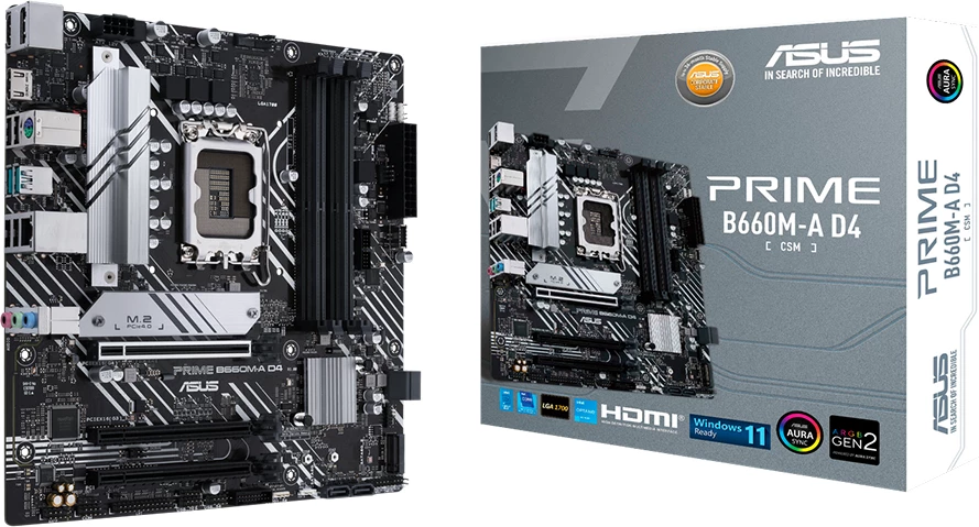 Pllakë amë ASUS PRIME B660M-A D4-CSM, mATX, LGA1700, DDR4 4xDIMM, 2xM.2, 4xSATA, PCIe 4.0, 1GbE, 1xDisplayPort, 2xHDMI, Aura Sync