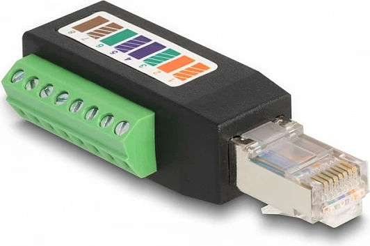 Adapter RJ45 DeLOCK Cat.5e në terminal block 90°, zi/jeshil