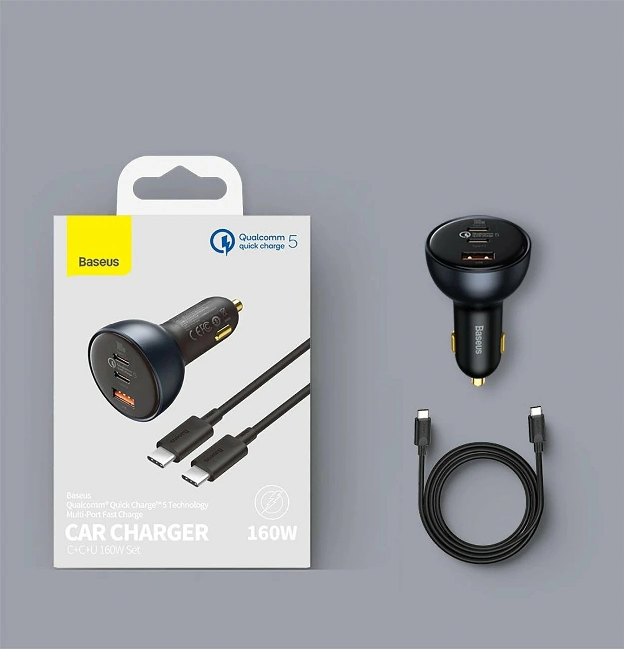 Karikues veture Baseus QC5.0 160W, 2x USB-C + USB-A, PD 3.0/PPS, 12-24V, gri