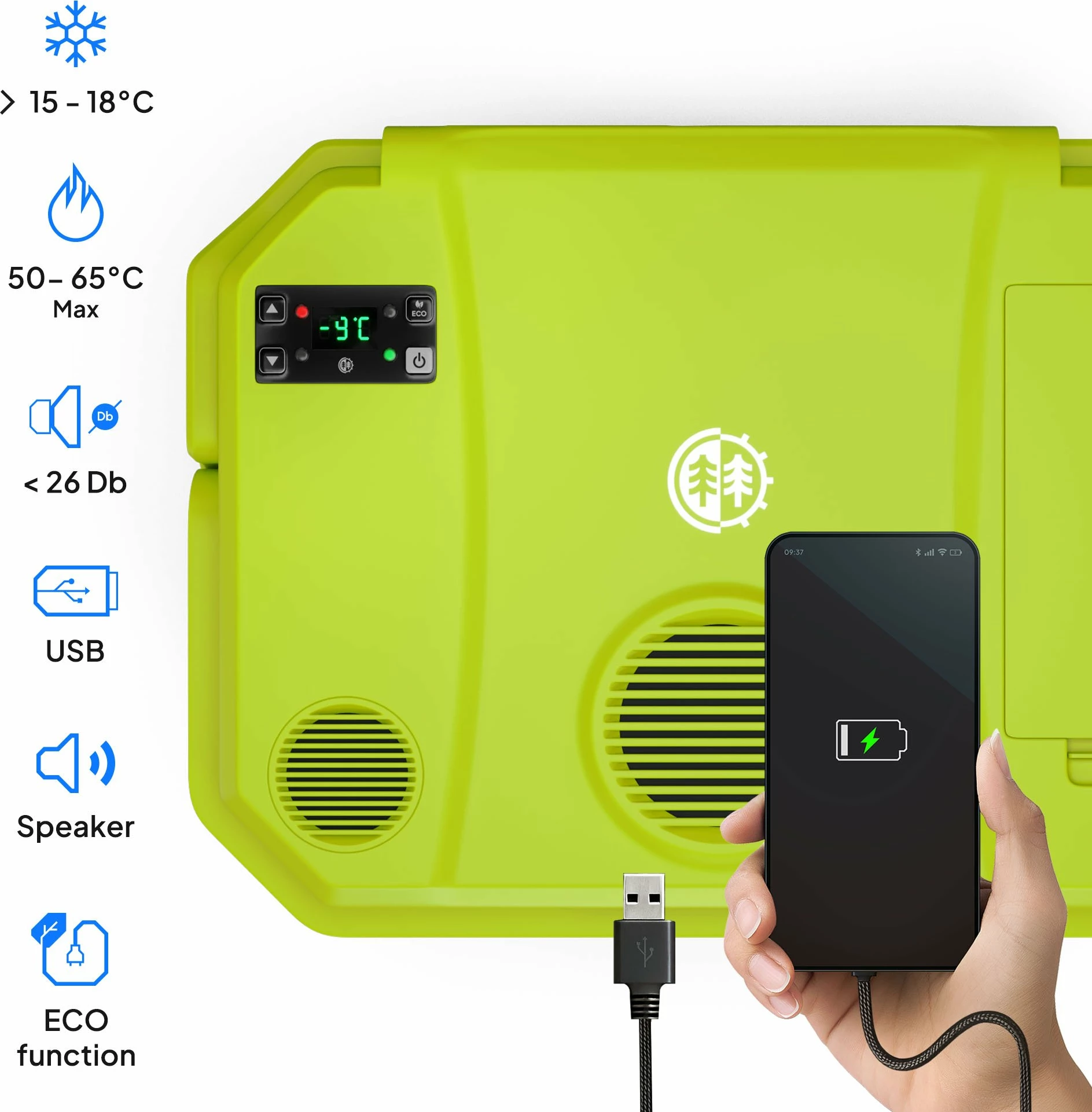 Frigorifer portativ Peme Trip 31.5 L, me ftohje/ngrohje, Bluetooth altoparlant, USB, AC/DC, i gjelbër