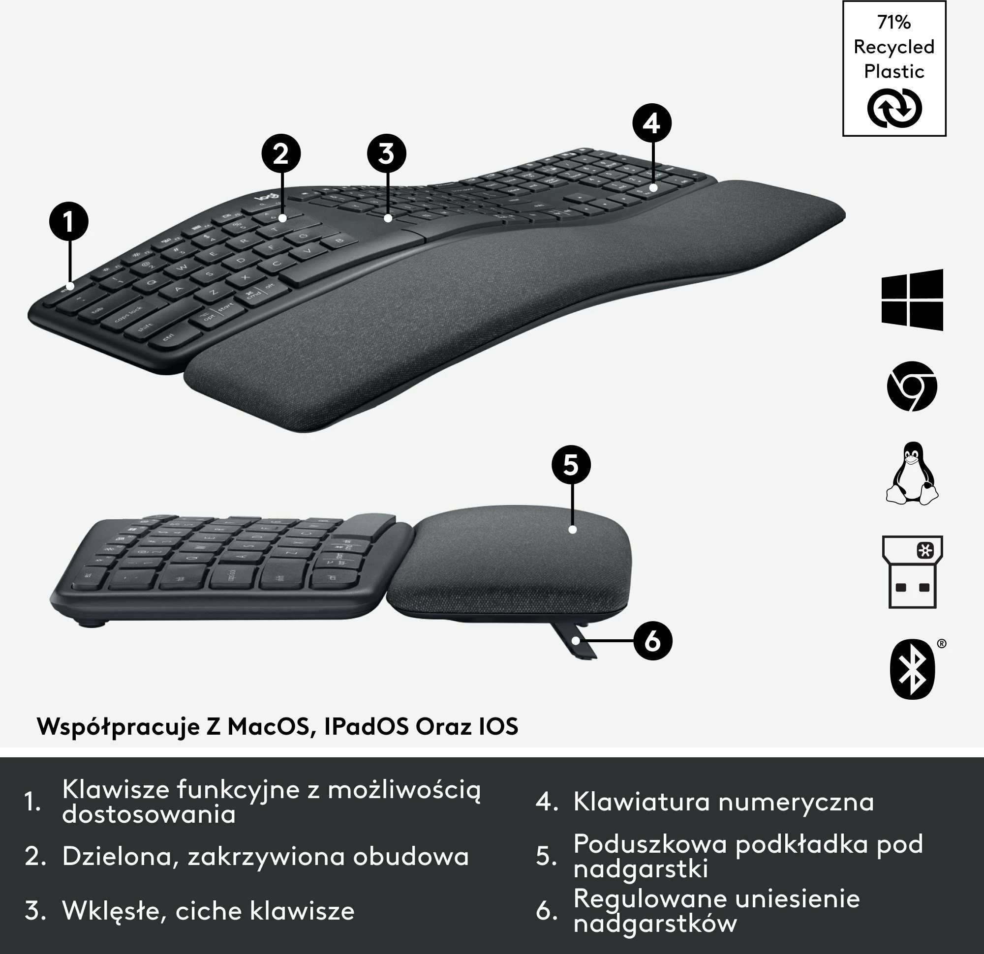 Tastierë ergonomike Logitech ERGO K860 (920-010108), wireless, US INTL, me numpad, Graphite
