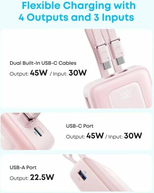 Powerbank Anker Zolo 20000 mAh 45W me kabllo USB-C të integrume, e zezë