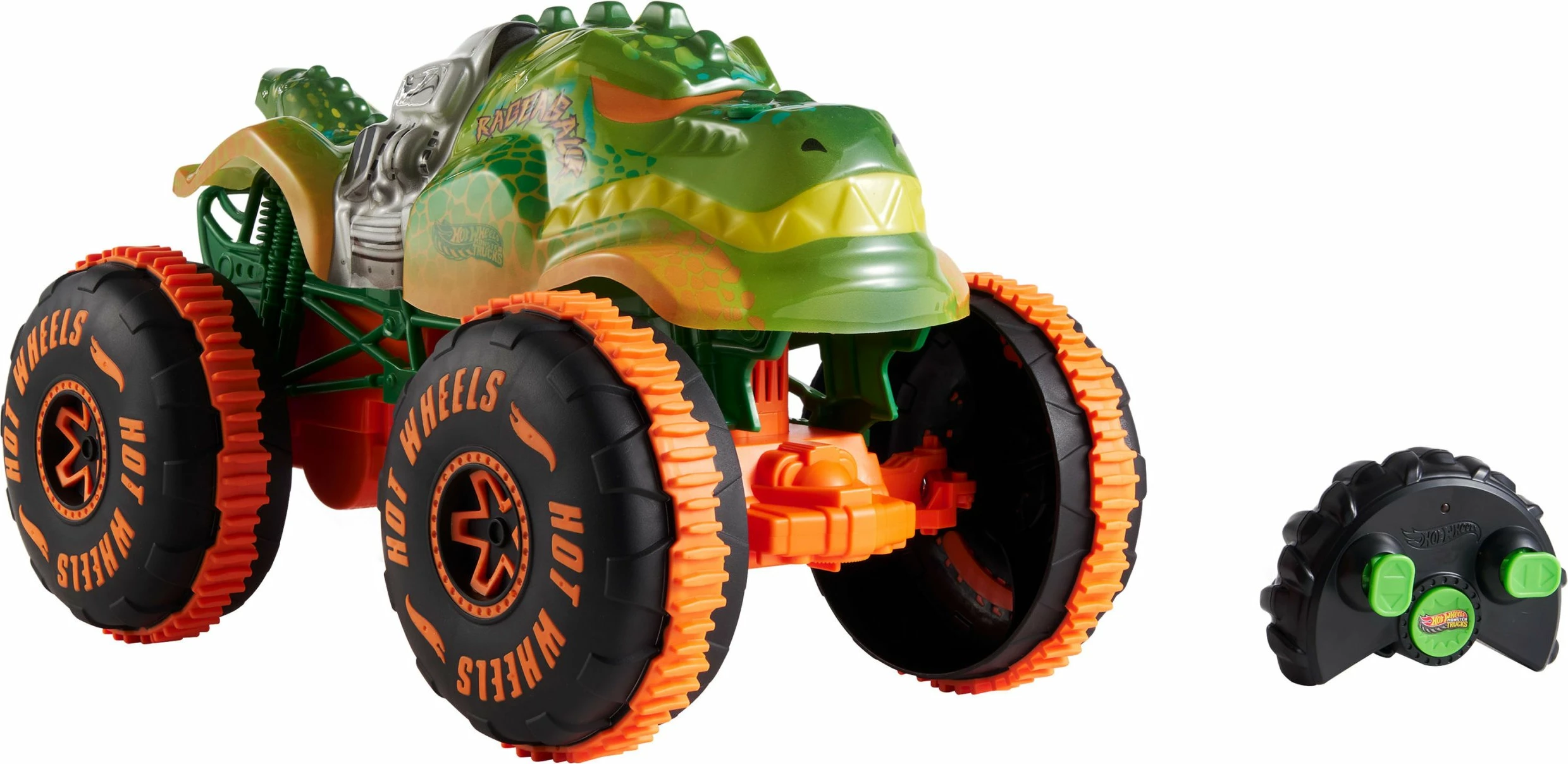 Kamion lodër RC Mattel Hot Wheels Monster Trucks Rageasaur JBH03 1:15, 2.4 GHz, me telekomandë, i gjelbër/portokalli