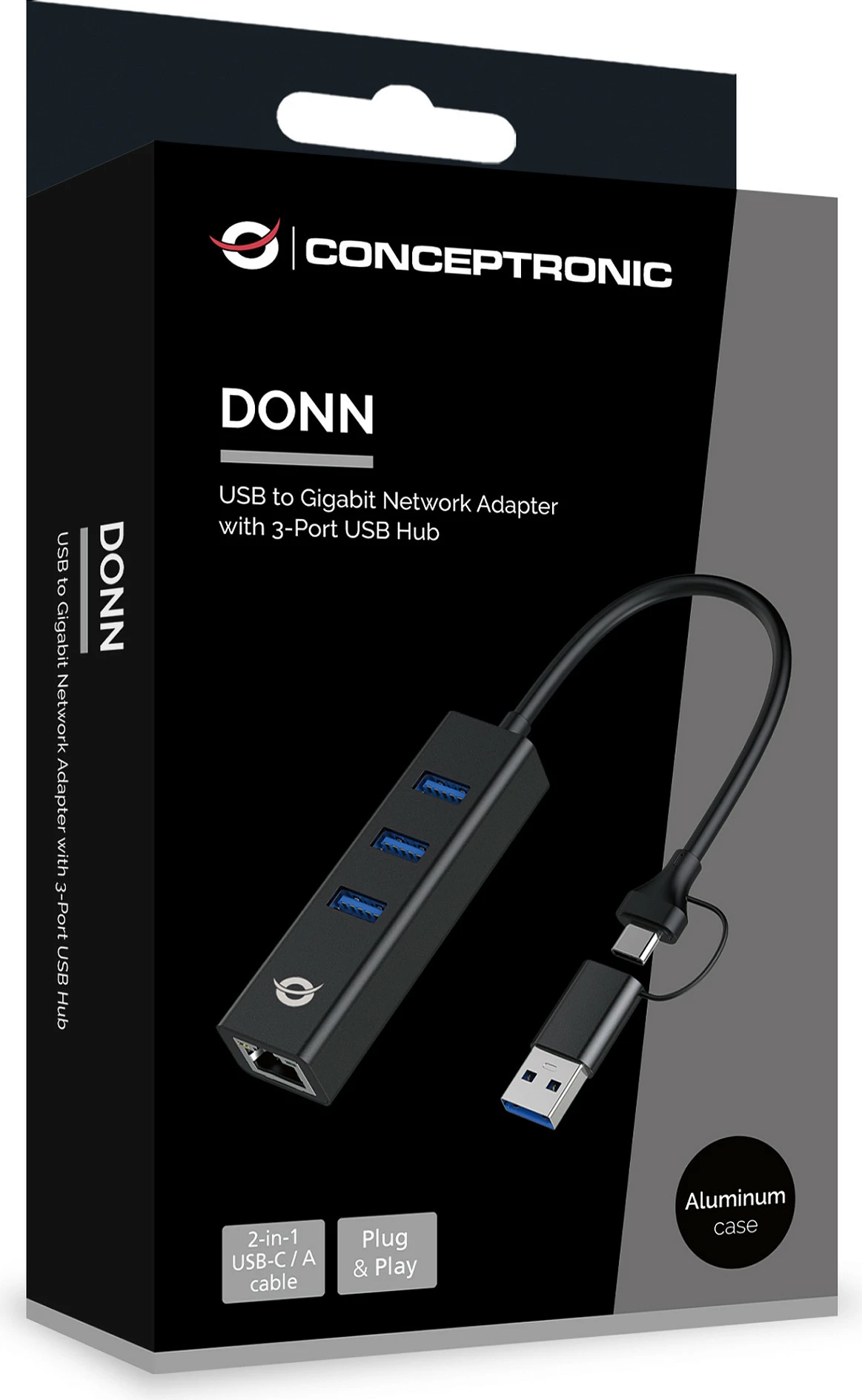 Adapter rrjeti USB Conceptronic DONN07BA, Gigabit Ethernet + USB Hub 3x USB-A, USB-C/USB-A, i zi