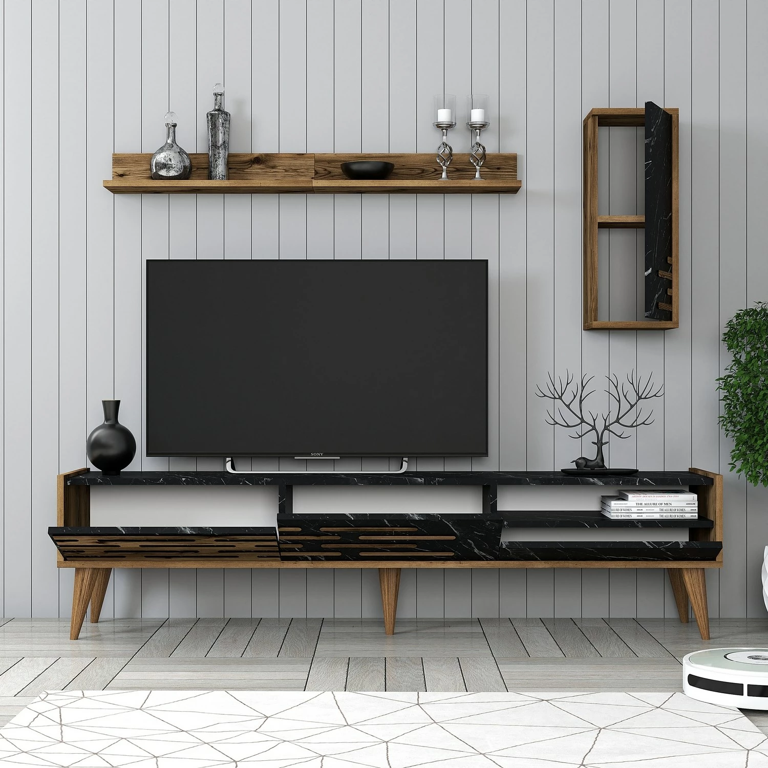 Komodë TV Hanah Home, Valensiya, ngjyrë arre, e zezë, mermer