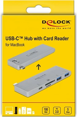 USB-C hub DeLOCK 64078, 2x USB-A + 1x USB-C, lexues SD/microSD, USB PD, gri