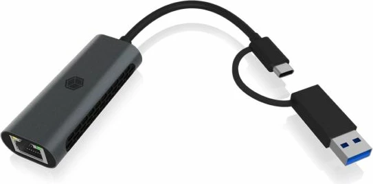 Adapter rrjeti USB-C/USB-A në Ethernet 2.5GbE, ICYBOX IB-LAN301-C3, kabllo 12 cm, gri e errët, me adapter USB-A