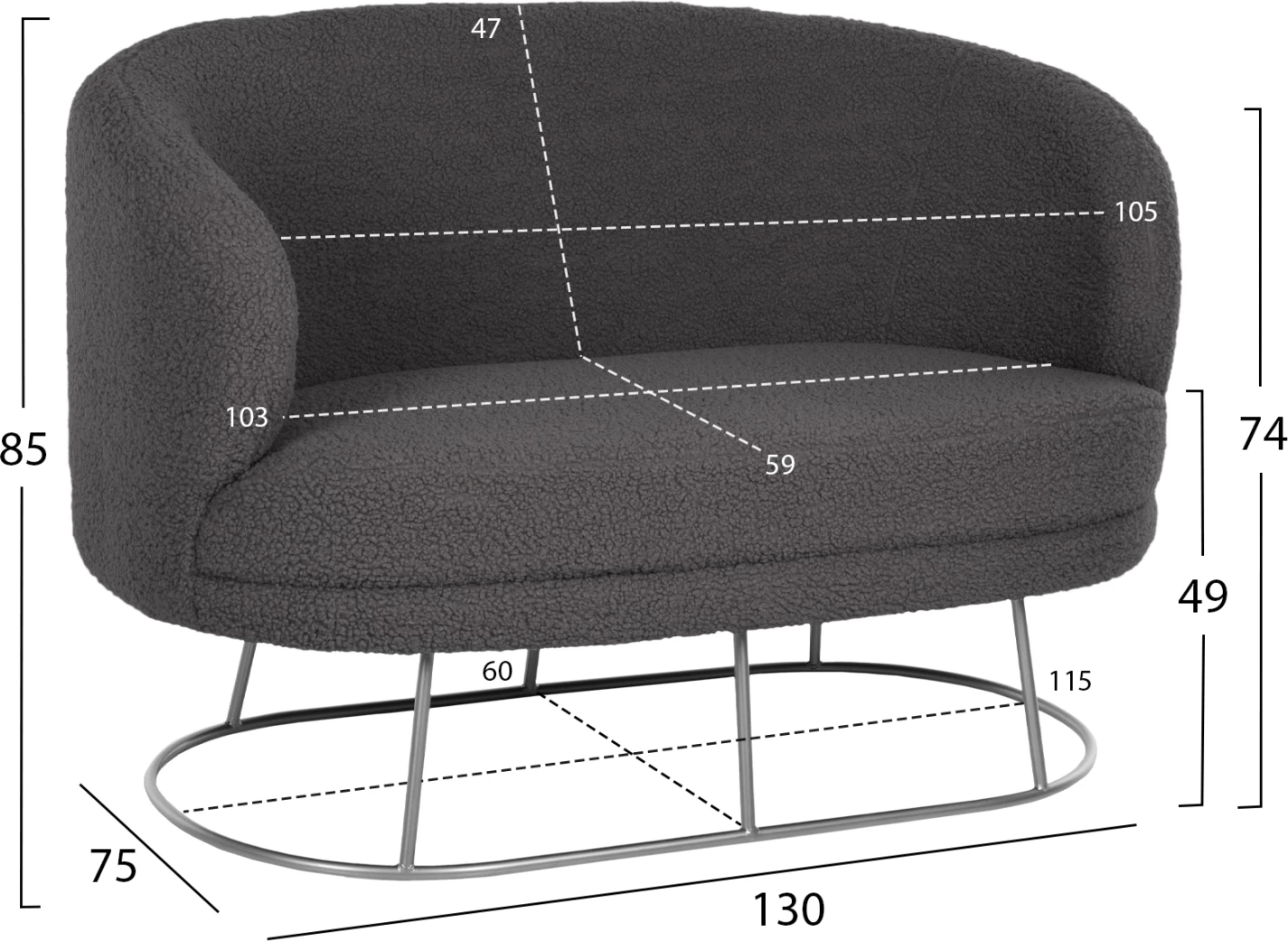 Divan dy vendësh ARIEN, FH8492.21, pëlhurë boucle gri dhe bazë metalike argjendi, 130x75x85H cm