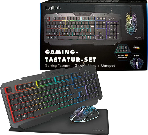 Set gaming LogiLink tastierë + Maus + Mauspad, USB, RGB, 2400 DPI, i zi