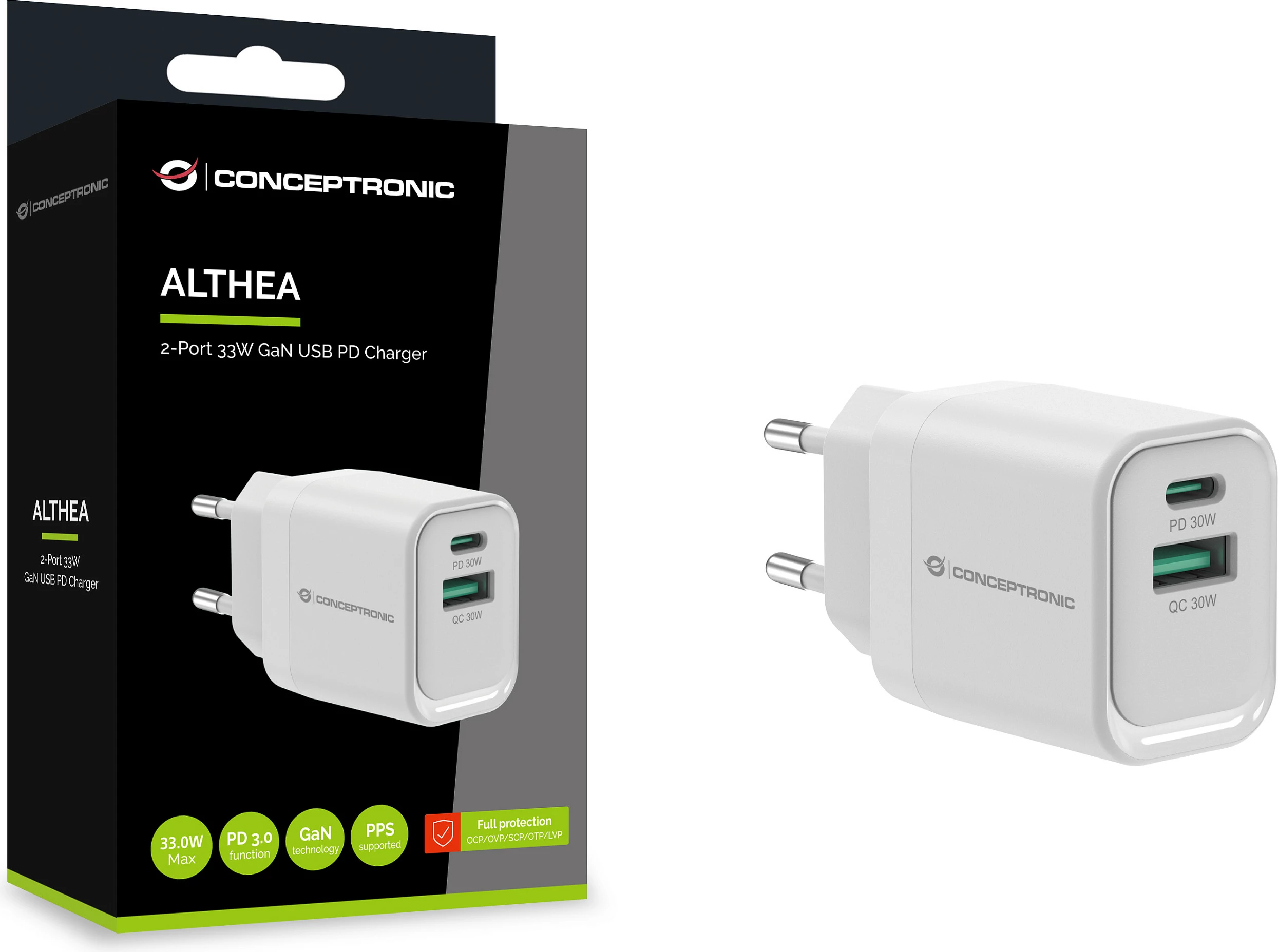 Karikues muri Conceptronic ALTHEA19W33, 33W GaN, 2 porta USB-C PD 3.0 + USB-A QC 3.0, i bardhë