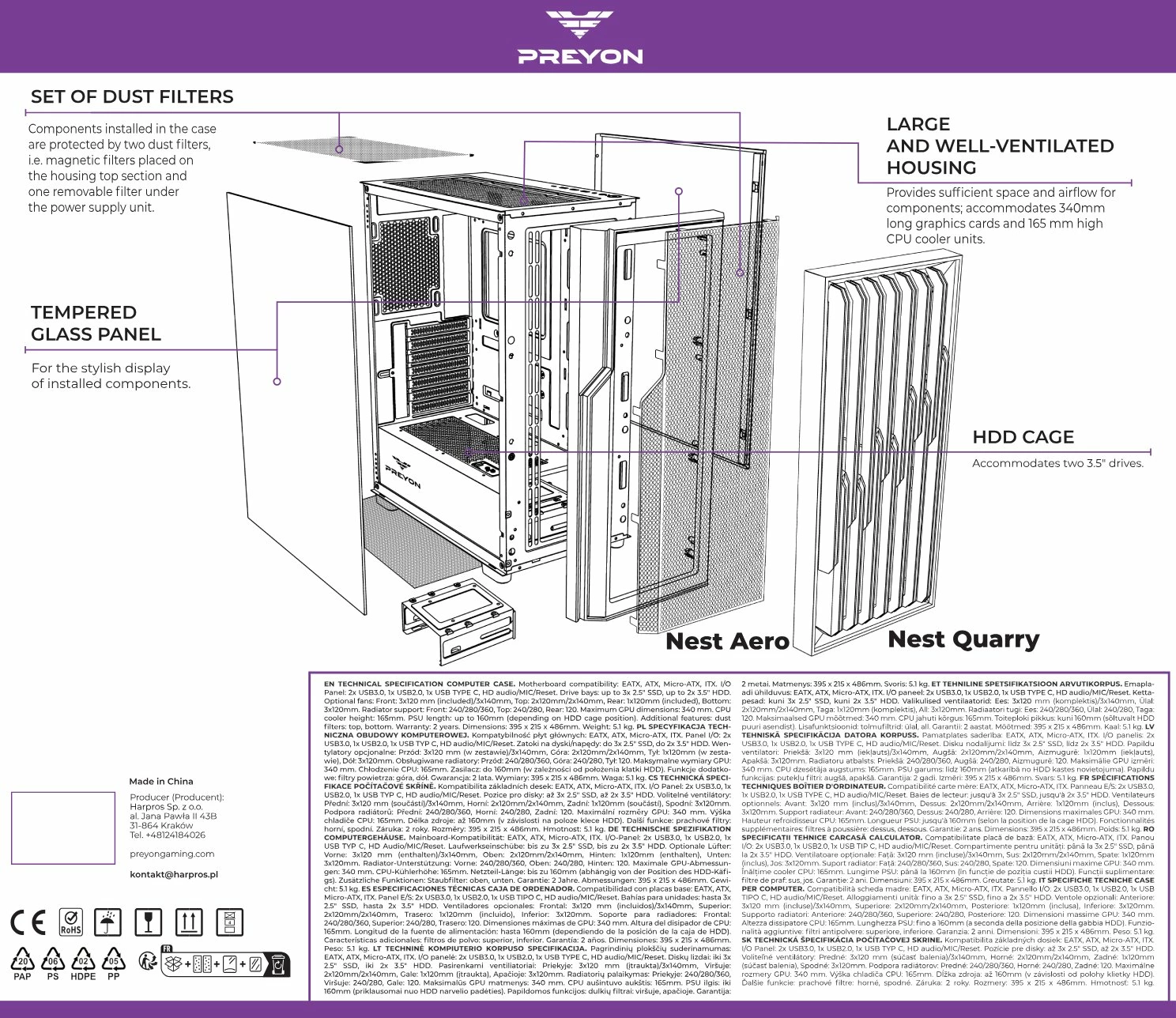 Kasë PREYON Nest Quarry ARGB PNQ04B Midi Tower, E-ATX/ATX/mATX/Mini-ITX, USB-C, 4x120mm PWM ARGB fanë, e zezë