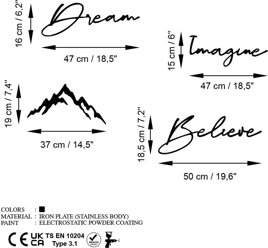 Aksesor dekorativ metalik për mur, Dream Imagine Believe, set prej 4 pjesësh