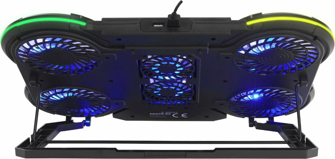 Bazë ftohëse për laptop Rampage Prote R6 10-17\", RGB, rregullueshme, 2x USB, e zezë