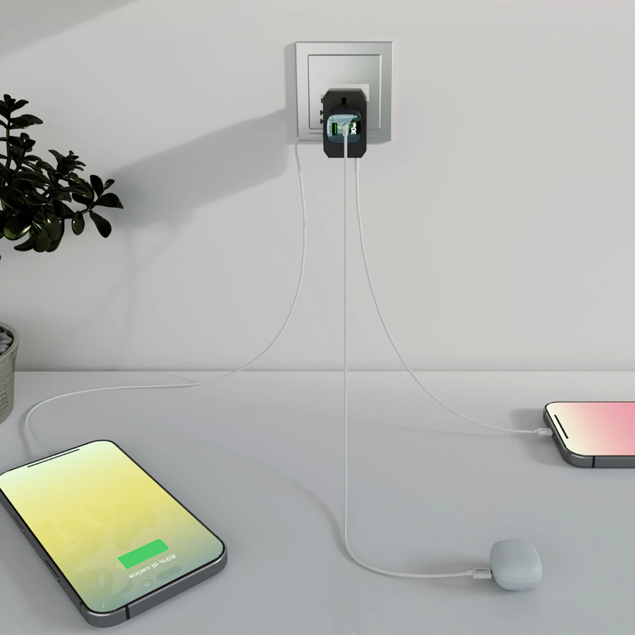 Adapter udhëtimi GaN 70W, SBS, 5 porta USB-A/USB-C, PD, prizë globale EU/UK/US/AU, me pouch, e zezë