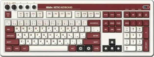 Tastierë mekanike 8BitDo Retro 108 Fami Edition me Dual Super Buttons, për PC, maroon dhe e bardhë