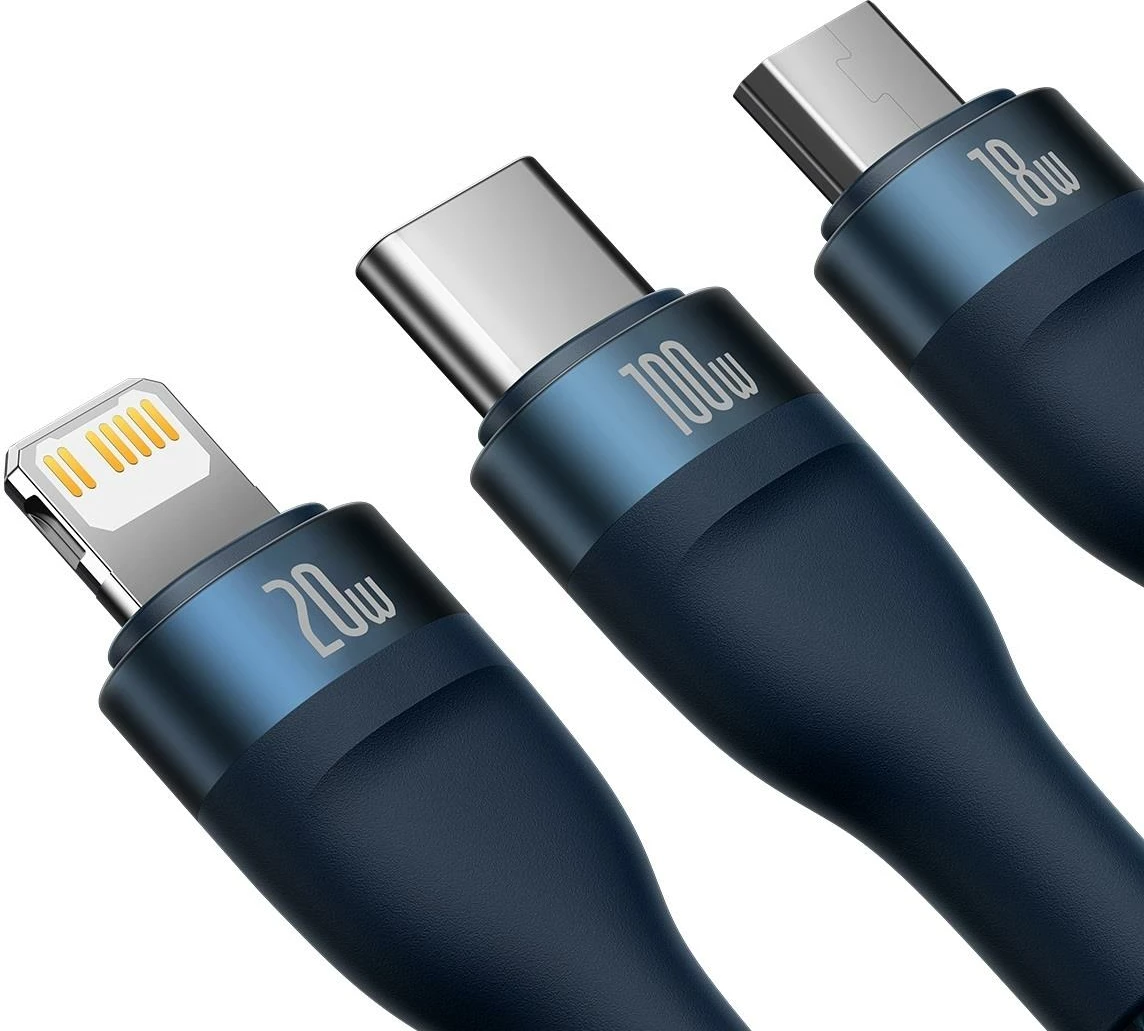 Kabllo 3-në-1 Baseus Flash Series II, 1.5m, 100W, USB-A/USB-C/Lightning/Micro USB, Blu