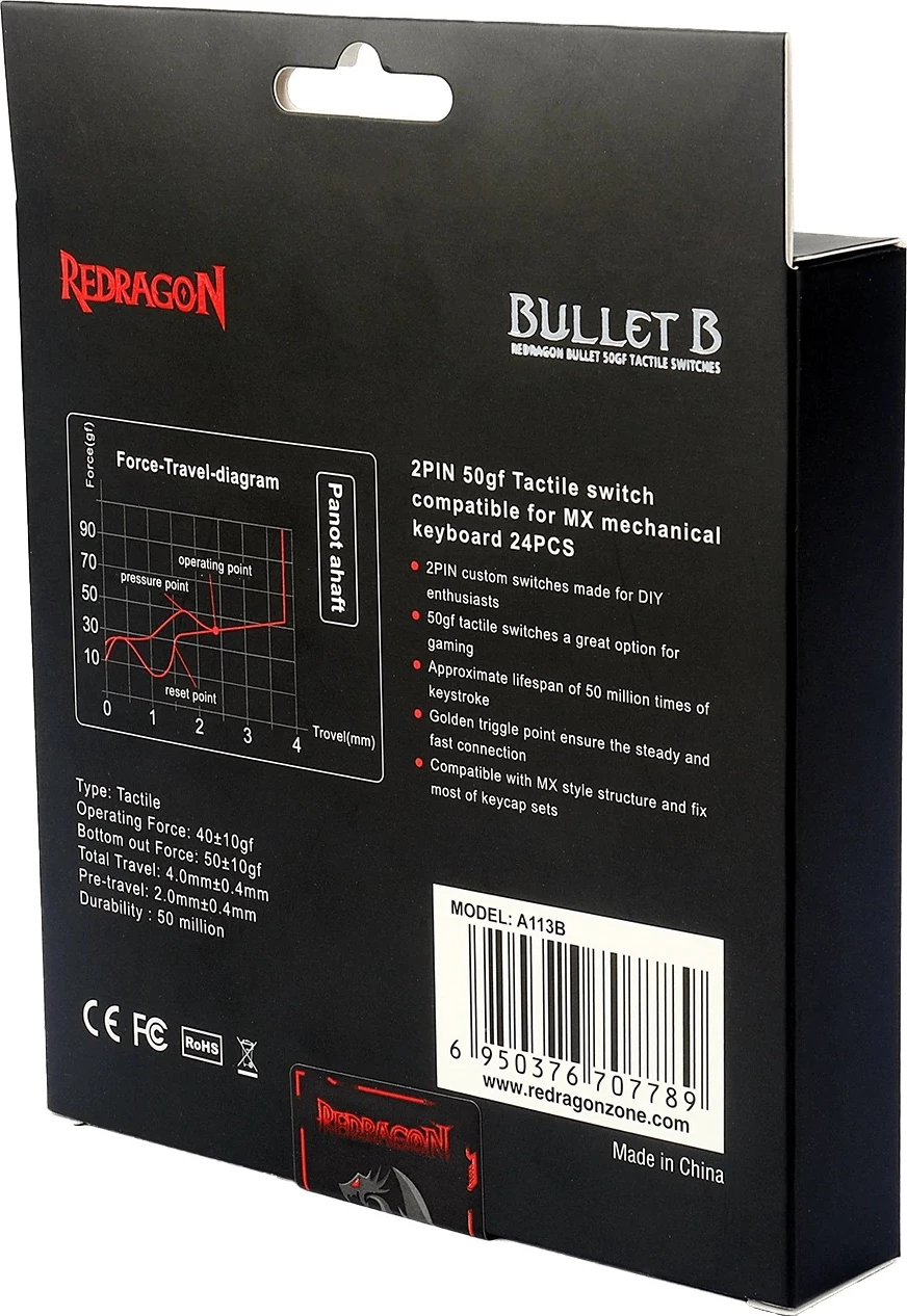 Switch-a mekanikë Redragon Bullet-B A113, tactile (ekuivalent MX Blue), paketë 24 copë, blu/verdhë