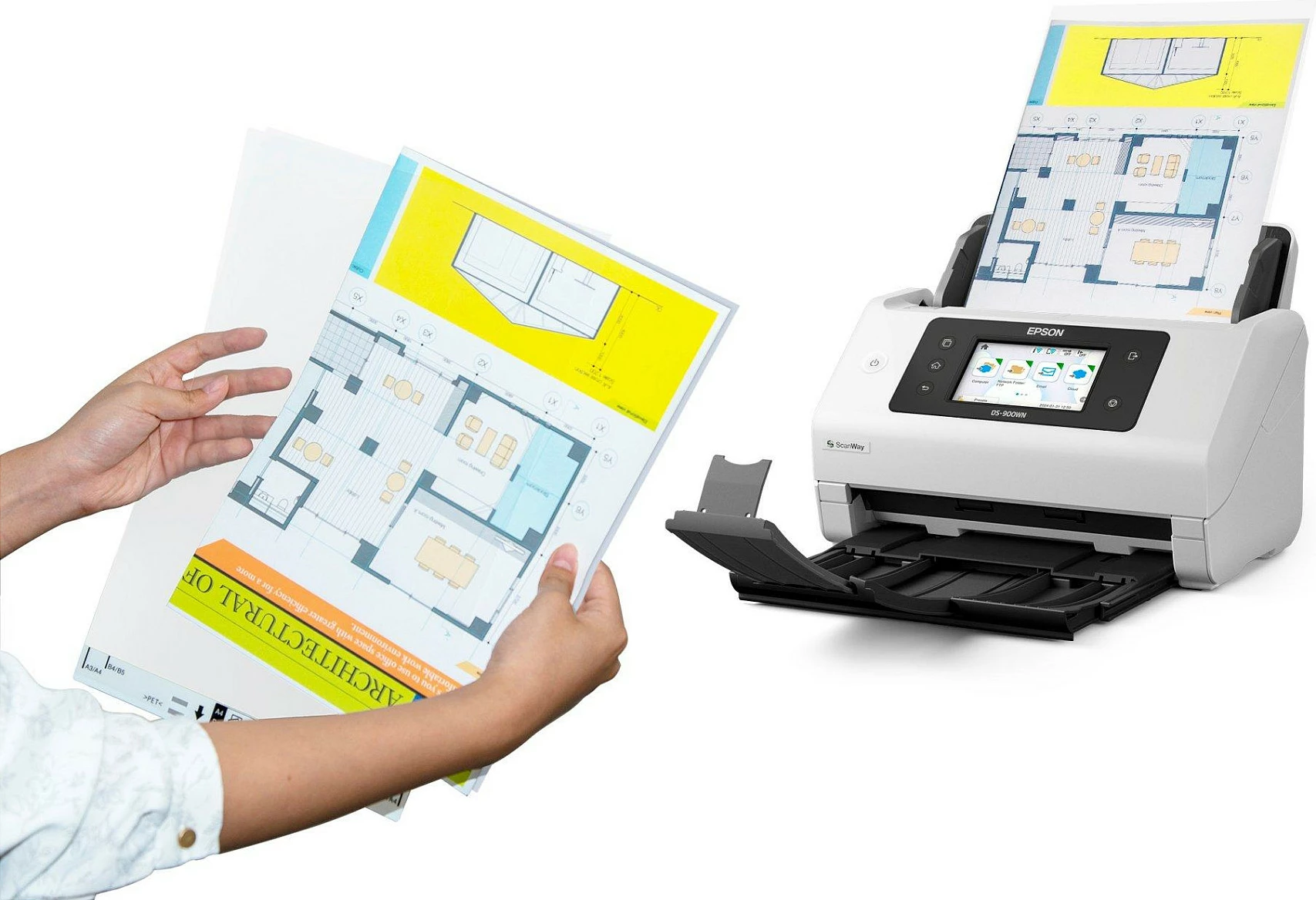 Skaner Epson WorkForce DS-900WN, A4/A3, ADF 100 fletë, Wi‑Fi/Ethernet, 70ppm/140ipm, bardhë