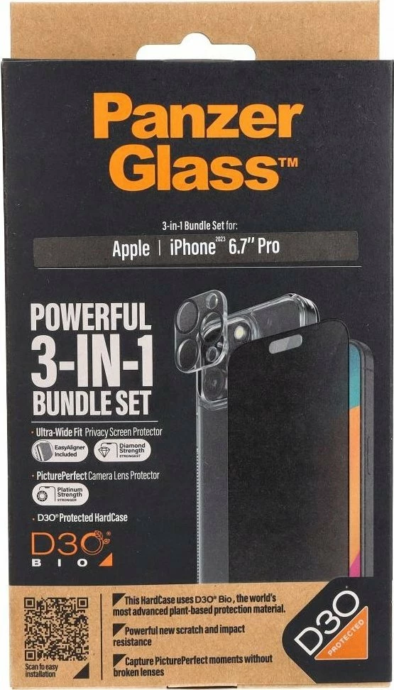 Set mbrojtës 3-në-1 PanzerGlass Privacy për iPhone 15 Pro Max, transparent, paketë 3 pjesë