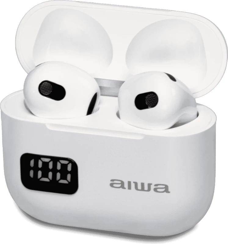 Kufje TWS Aiwa EBTW-100WT, ekran LED, Bluetooth 5.3, USB-C, deri 12 orë, të bardha