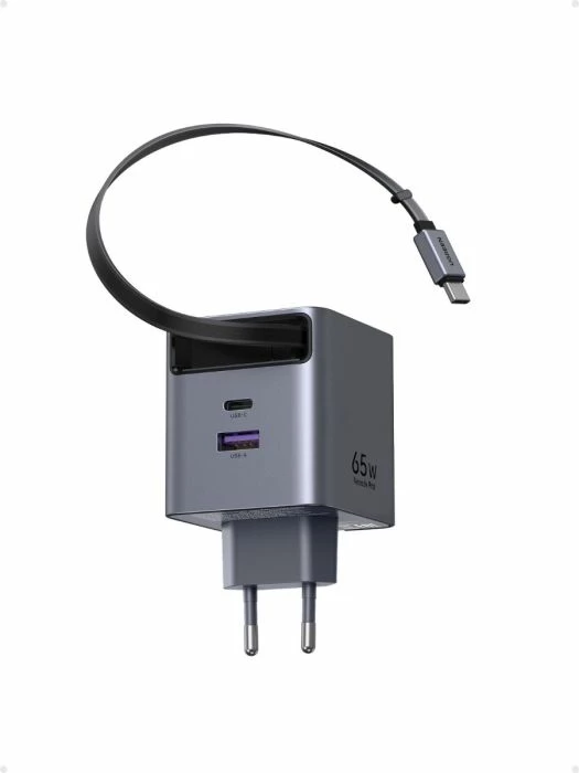 Karikues UGREEN 65825 65W GaN USB-C me kabllo tërheqëse 0.7 m, 2x USB-C + USB-A, gri