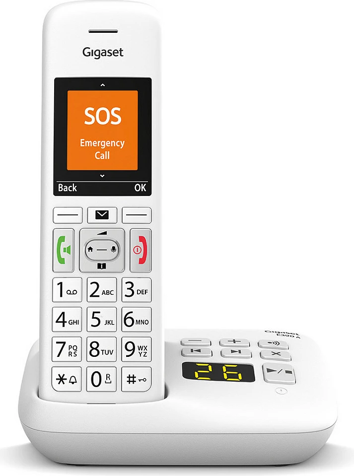 Telefon pa tela Gigaset E390A, DECT, sekretari telefonik 30 min, 200 kontakte, SOS, i bardhë