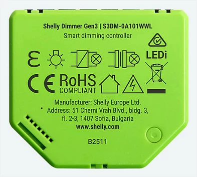 Dimmer Shelly Dimmer Gen3, wireless, kontroll me aplikacion, për LED, zi/lime