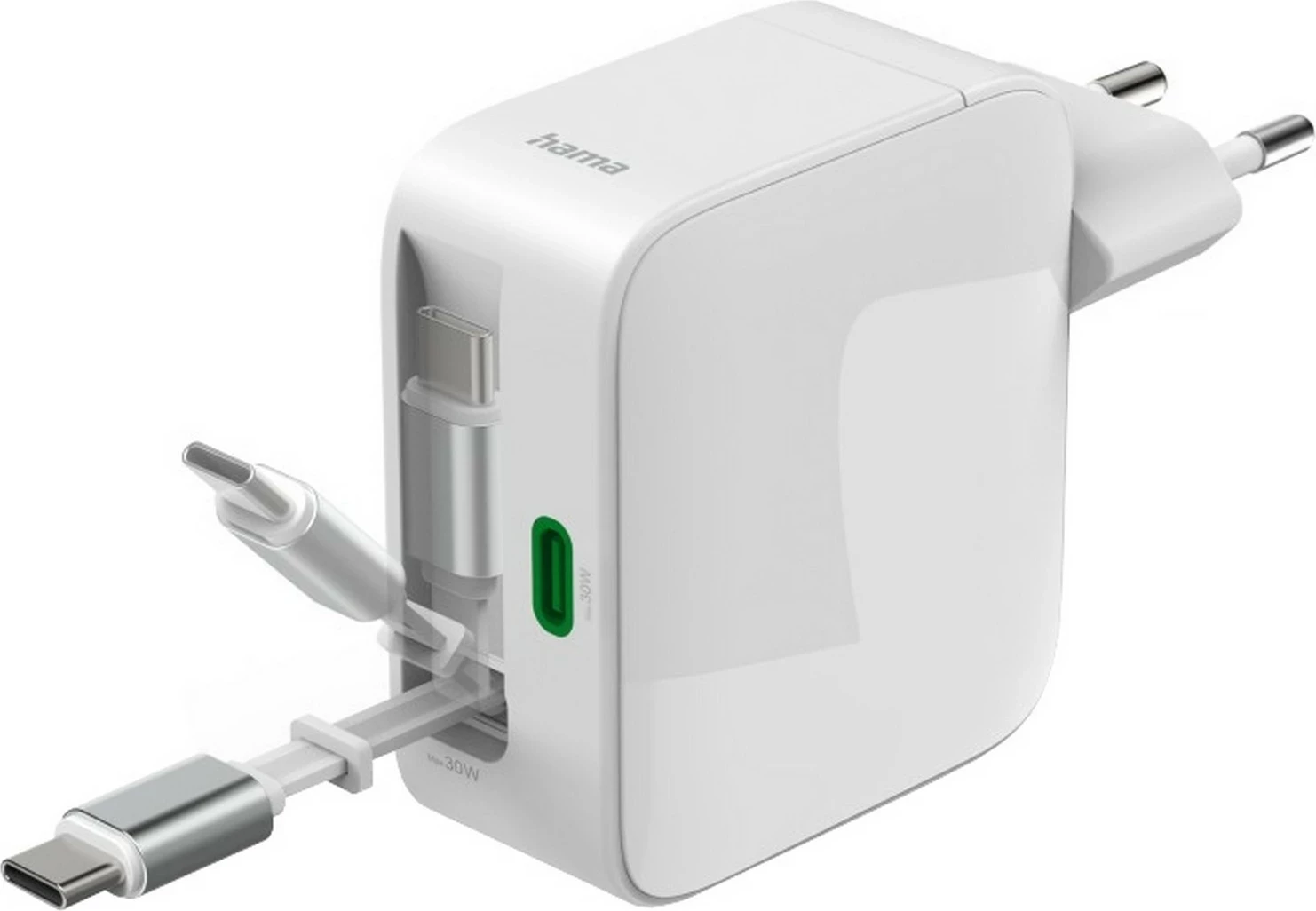 Karikues Hama GaN 65W, 2x USB-C, kabllo e tërheqshme, i bardhë