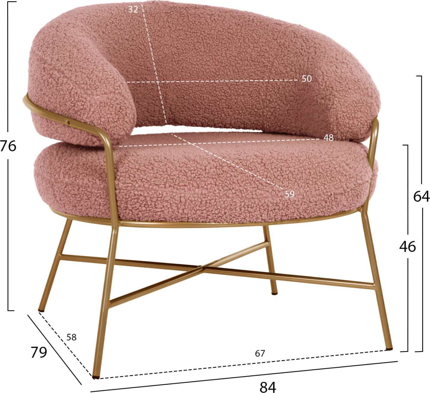 Fotel TRUDI ngjyrë rozë e zbehtë boucle dhe kornizë metalike ari 84x79x76H cm.