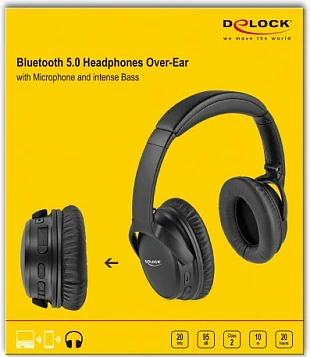 Kufje DeLOCK Bluetooth 5.0 foldable, me mikrofon, 20 orë, Wired & Wireless, 3.5mm, të zeza