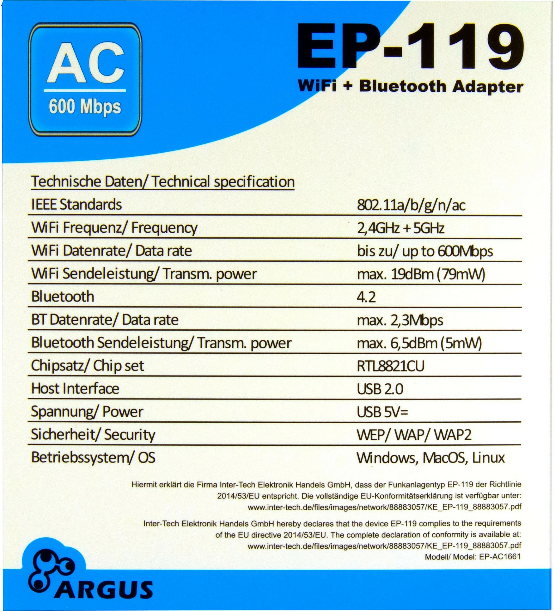 Adapter USB Wi-Fi Inter-Tech Argus EP-119, Wi-Fi 5, Bluetooth 4.2, me antenë, i zi