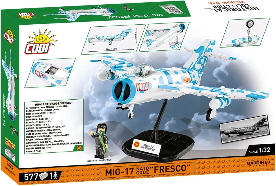 Set ndërtimi Cobi Klocki MiG-17 Fresco, Historical Collection, 577 pjesë, me figurë piloti, Kamuflazh blu-bardhë
