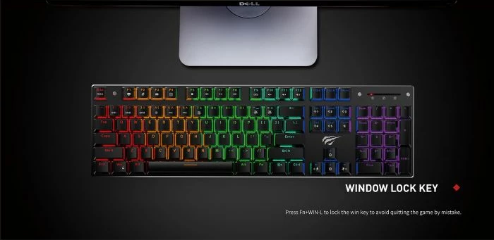 tastierë mekanike USB HAVIT Gamenote HV-KB498L, Outemu Blue, 104 taste, RGB, US layout me karaktere SLO, me pushim dore, e zezë