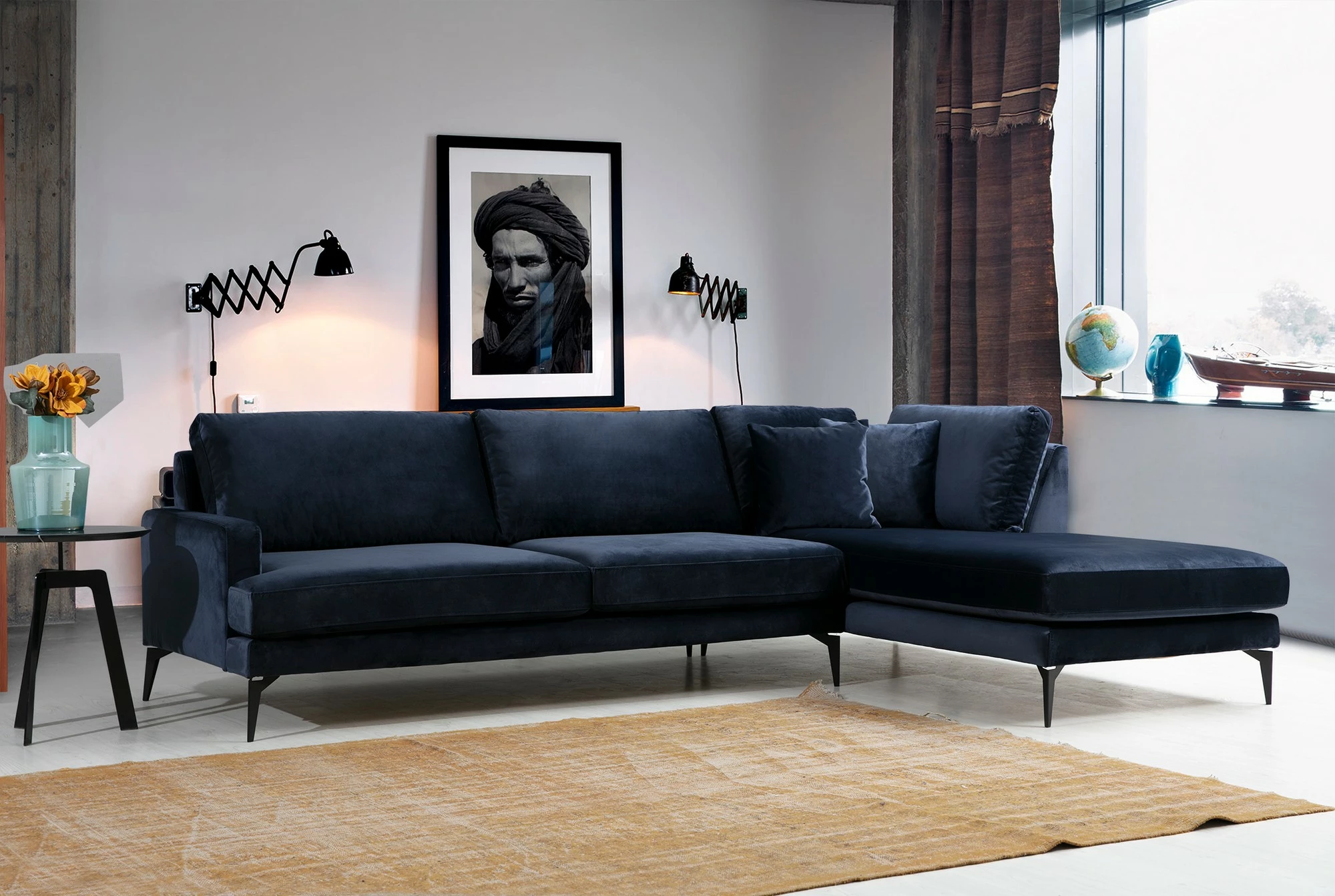 Këndare Atelier del Sofa, Papira Corner Right (L3+Chl), ngjyrë blu e errët, 283x180cm