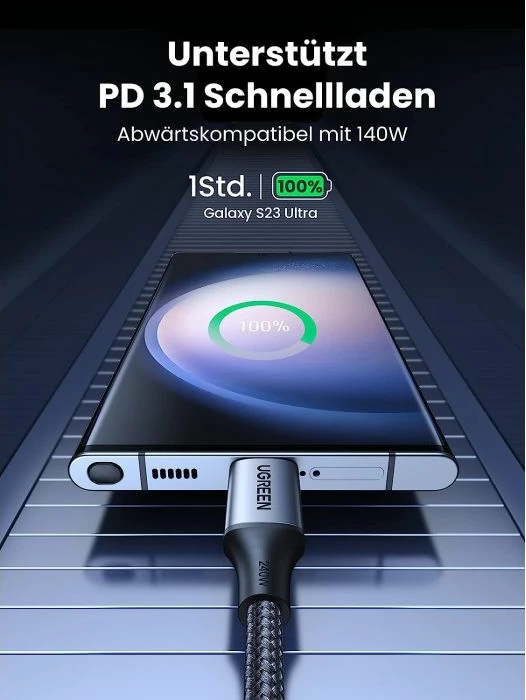 Kabllo karikimi USB-C në USB-C UGREEN 90440, 2 m, 240 W, PD 3.1, gri/zezë