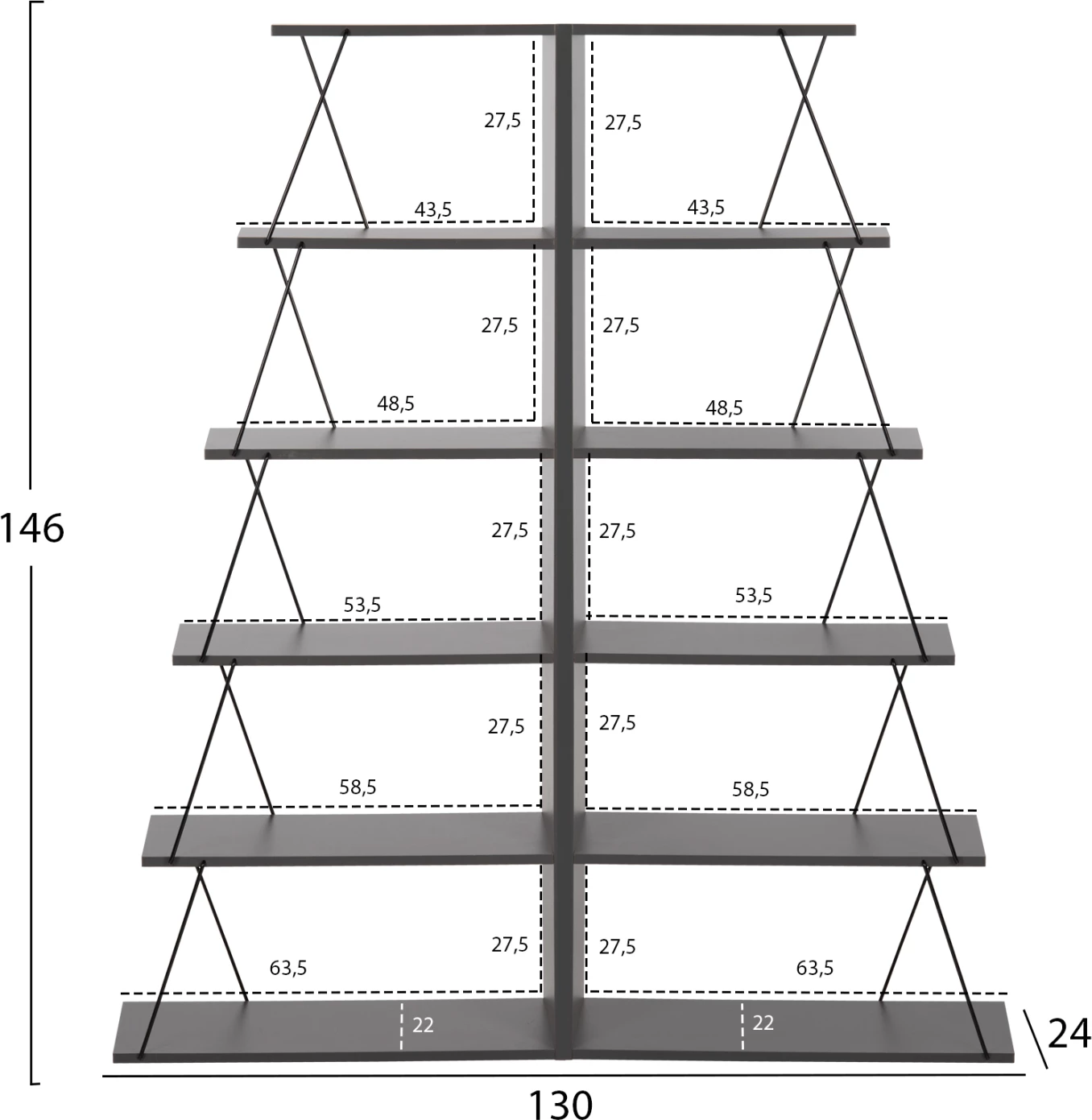 Raft librash 2 copë set MINI TARS FH11772.20 melaminë ngjyrë gri-shufra metali të zeza 65x24x146Hcm.(x2)