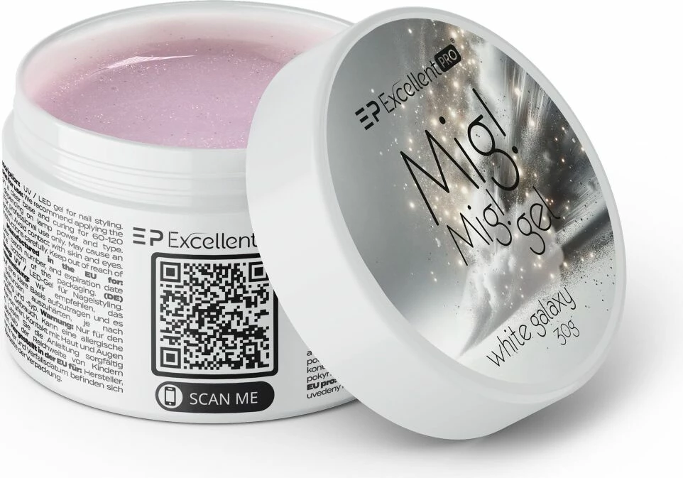 Xhel ndërtues për thonj për femra Excellent PRO Mig! Mig! White Galaxy, 30g