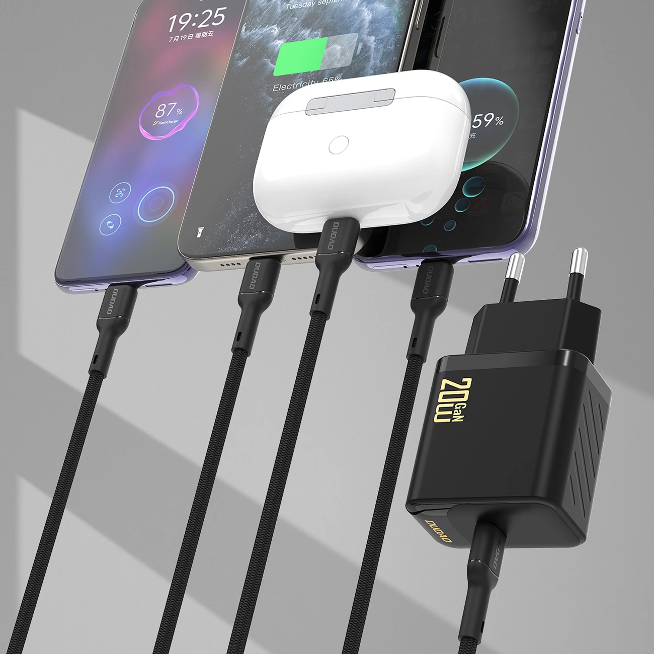 Karikues muri, Dudao A26LEU, PD 20W GaN, port USB-C, prizë EU, me kabllo USB-C në Lightning, i zi