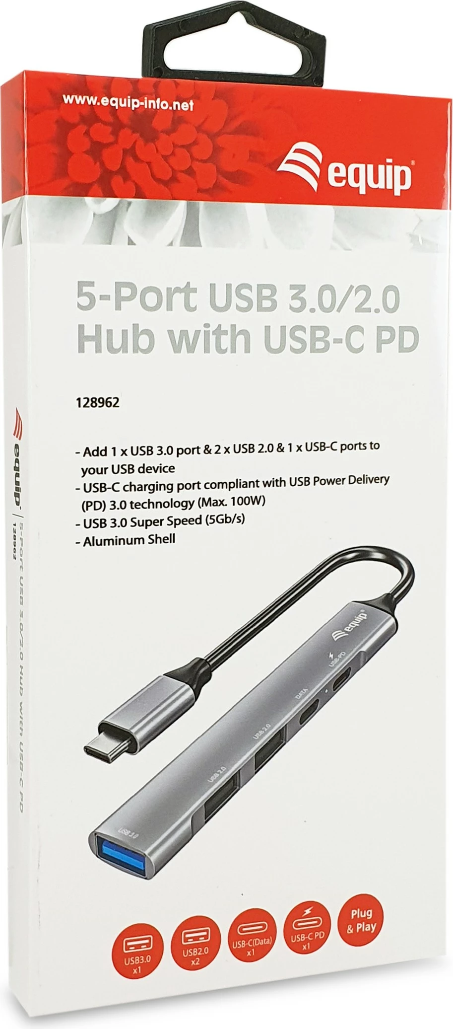 USB hub Equip 5 porta, USB 3.2 Gen 1/2.0, USB-C PD 100W, alumini, argjendtë