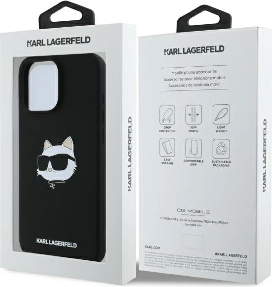 Mbështjellës, Karl Lagerfeld, Silicone Choupette Head Print MagSafe, për iPhone 16 Pro 6.3", silikon hardcase me unazë MagSafe, i zi