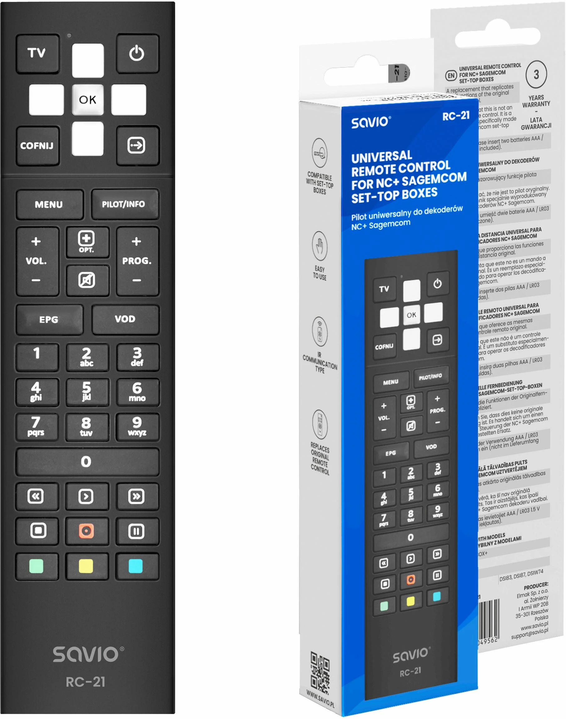 Telekomandë universale Savio RC-21 për dekoder NC+ Sagemcom, e zezë