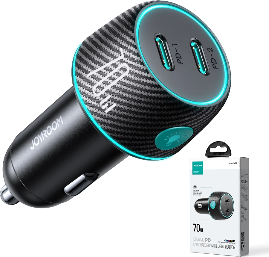 Karikues veture Joyroom JR-CCN02, 2x USB-C, 70W, me ndriçim LED, i zi