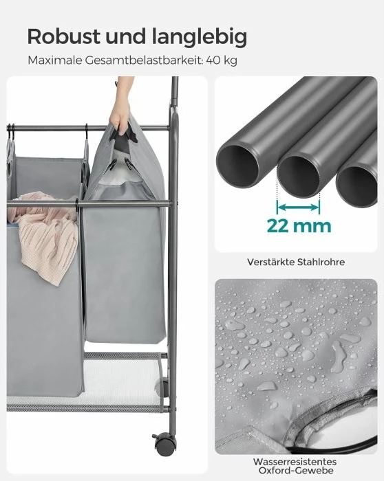 Shportë rrobash SONGMICS RLS44GS, 4 ndarje, 4x50 L (200 L), me rrota dhe frenë, me shufër varëse, gri