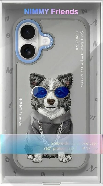 Kapak telefoni Nimmy Glasses Cool Dog për iPhone 17, gri