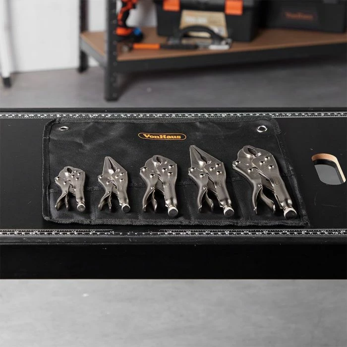 Set pinca bllokuese VONHAUS 3500142 5 copë (125–250 mm), argjendtë, me çantë të zezë