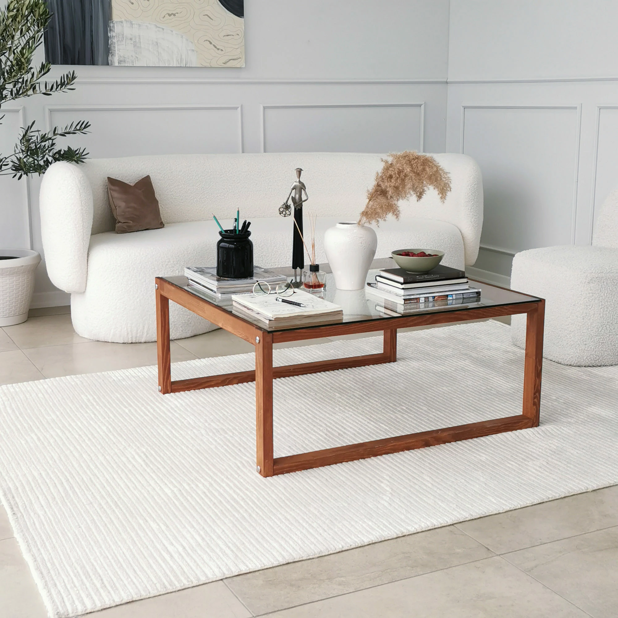 Tavolinë kafeje Hanah Home, Via, ngjyrë druri, xham i temperuar, 90x90x40cm