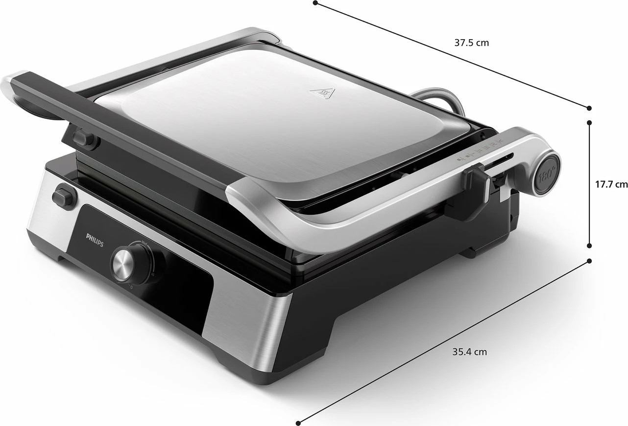 Grill elektrik Philips Series 5000 HD6301/90 2200W, kontakt, 750 cm², pllaka jo-ngjitëse të heqshme, kontroll temperature, me tabaka për yndyrë, zezë/argjendtë, set me 2 pllaka + tabaka