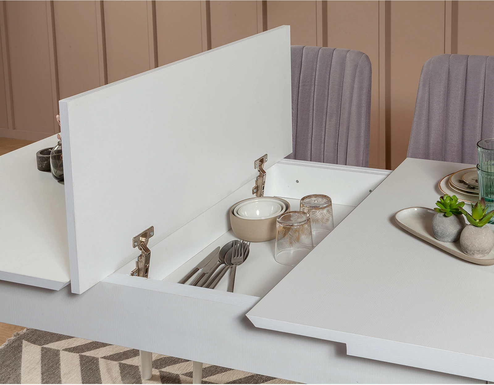 Set tavoline me karrige për ngrënie, e zgjatshme, Hanah Home, Vina e bardhë, Soho gri, 5 pjesë